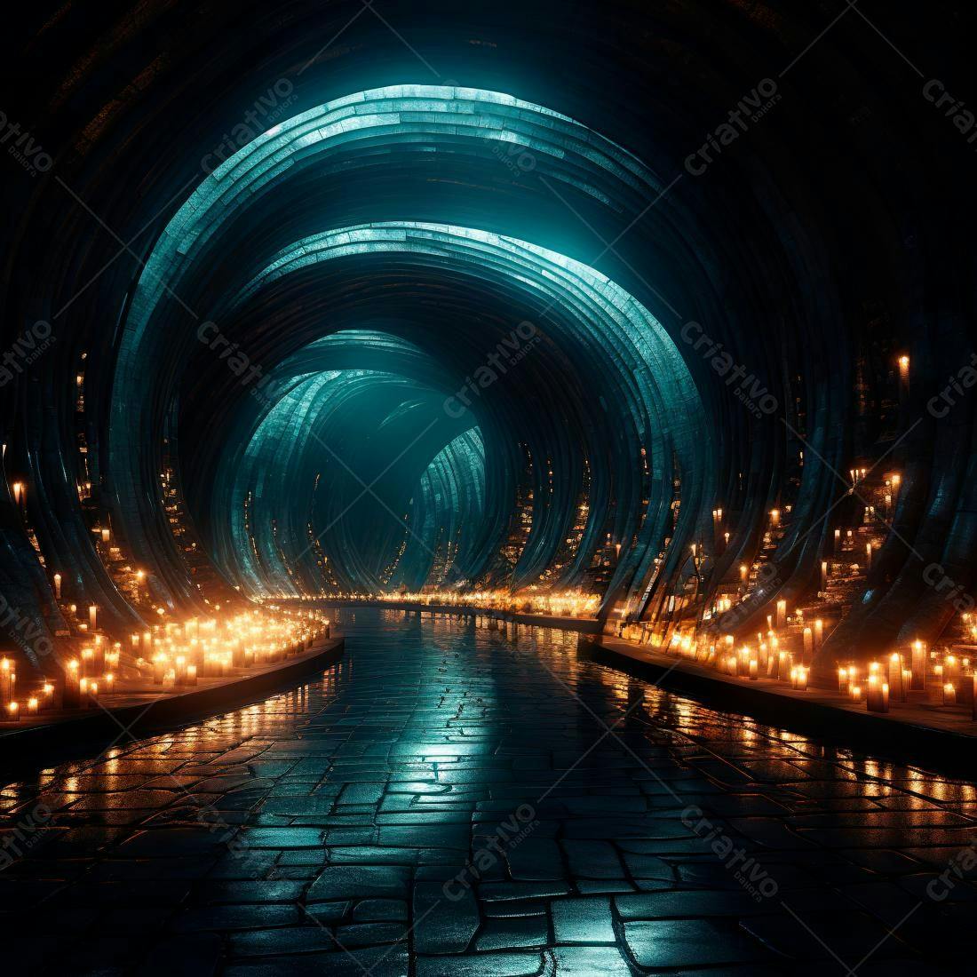 Túnel místico com velas e luz turquesa