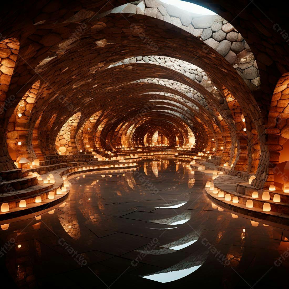 Túnel de pedra com velas iluminando um lago interior
