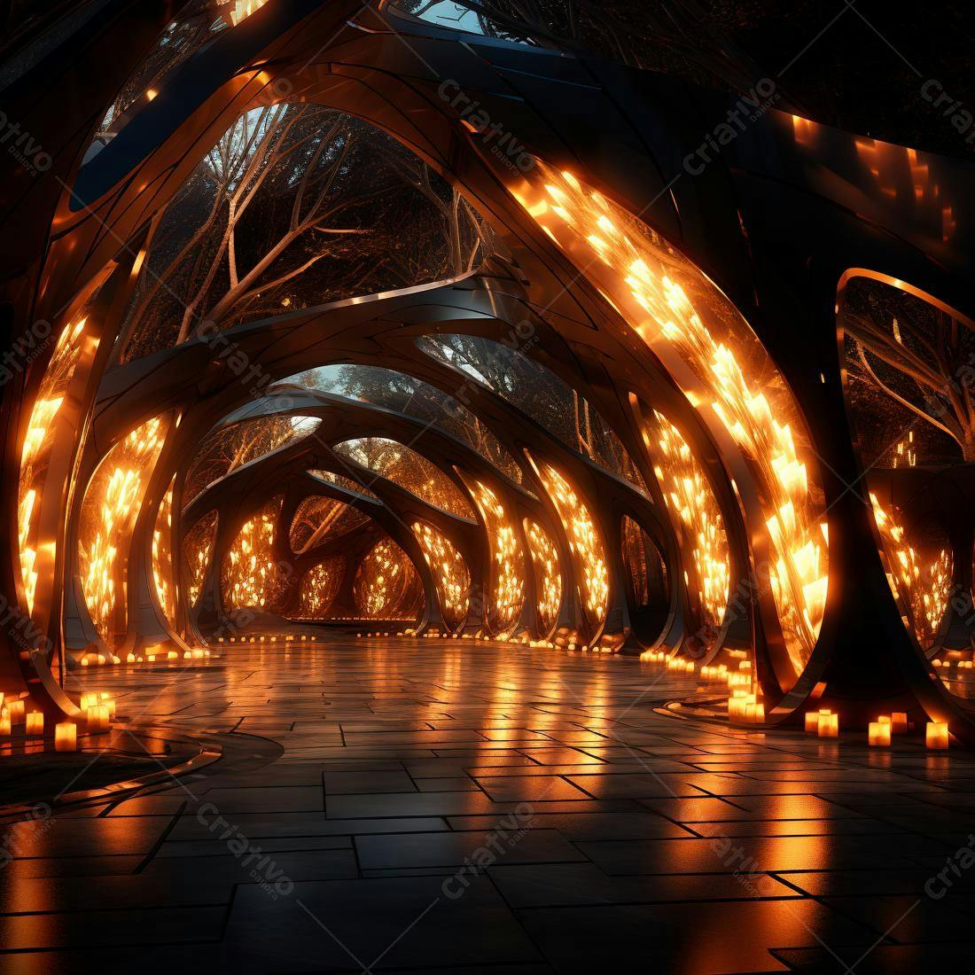Túnel futurista com luzes quentes e árvores