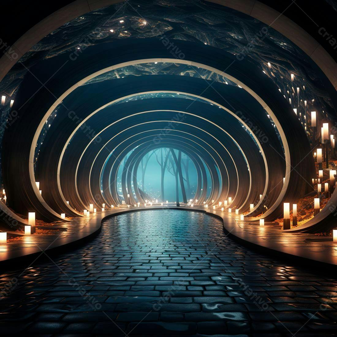 Túnel circular iluminado com velas em floresta noturna