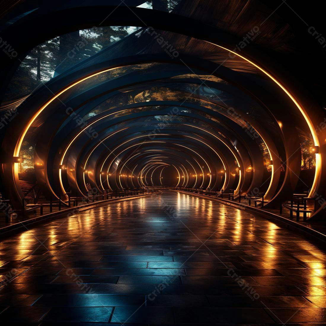 Túnel futurista iluminado com luzes douradas