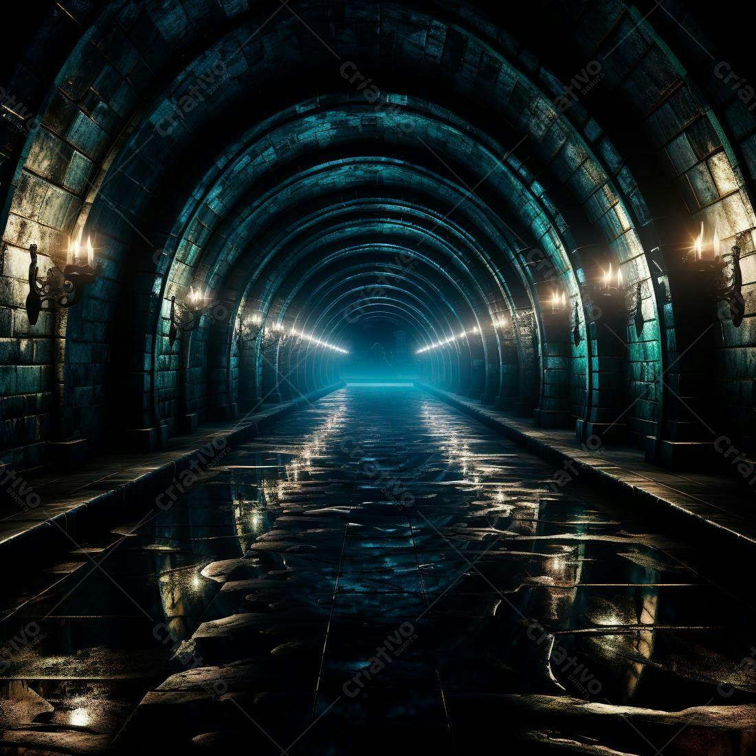 Túnel medieval escuro com iluminação azul e reflexos