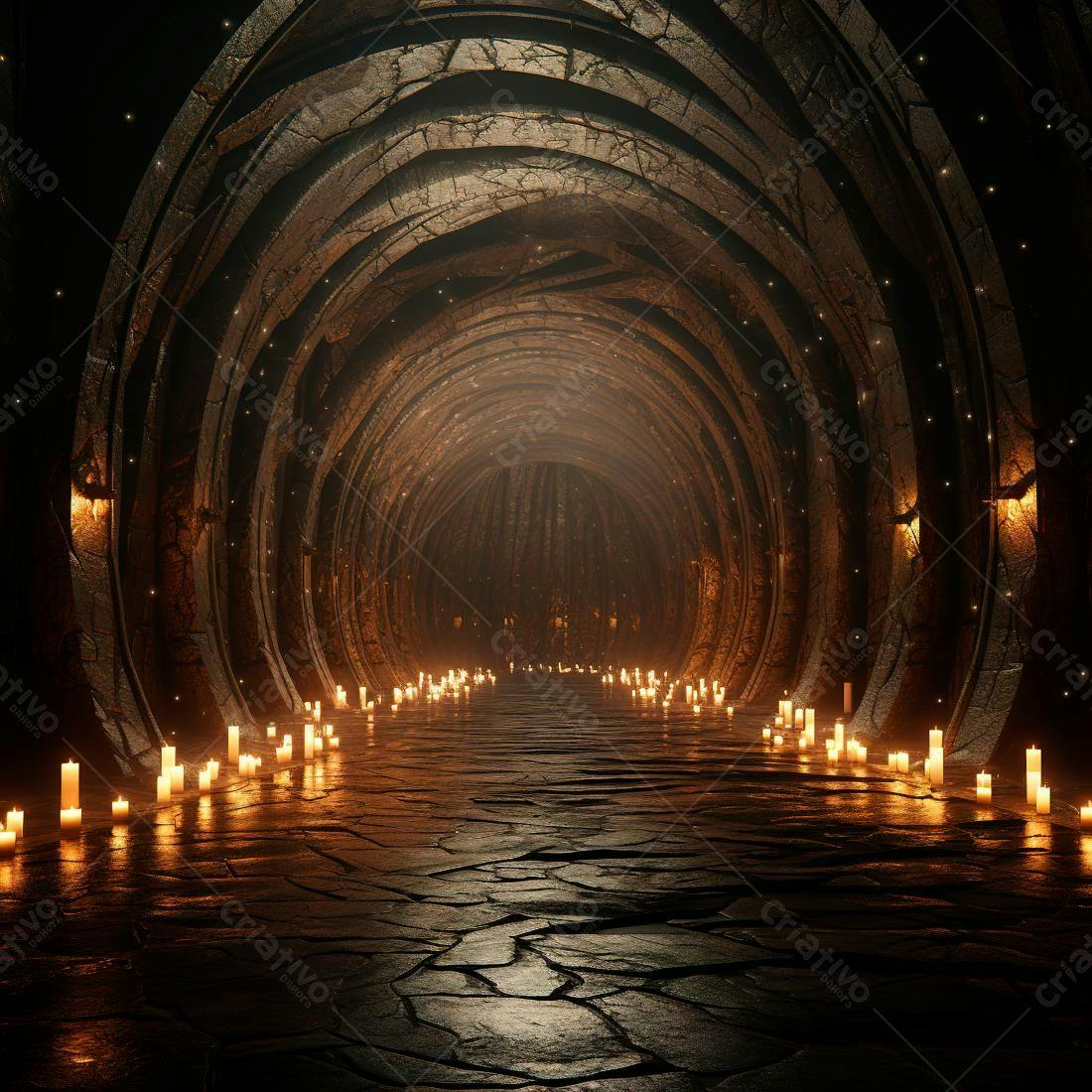 Túnel de pedra com velas acesas