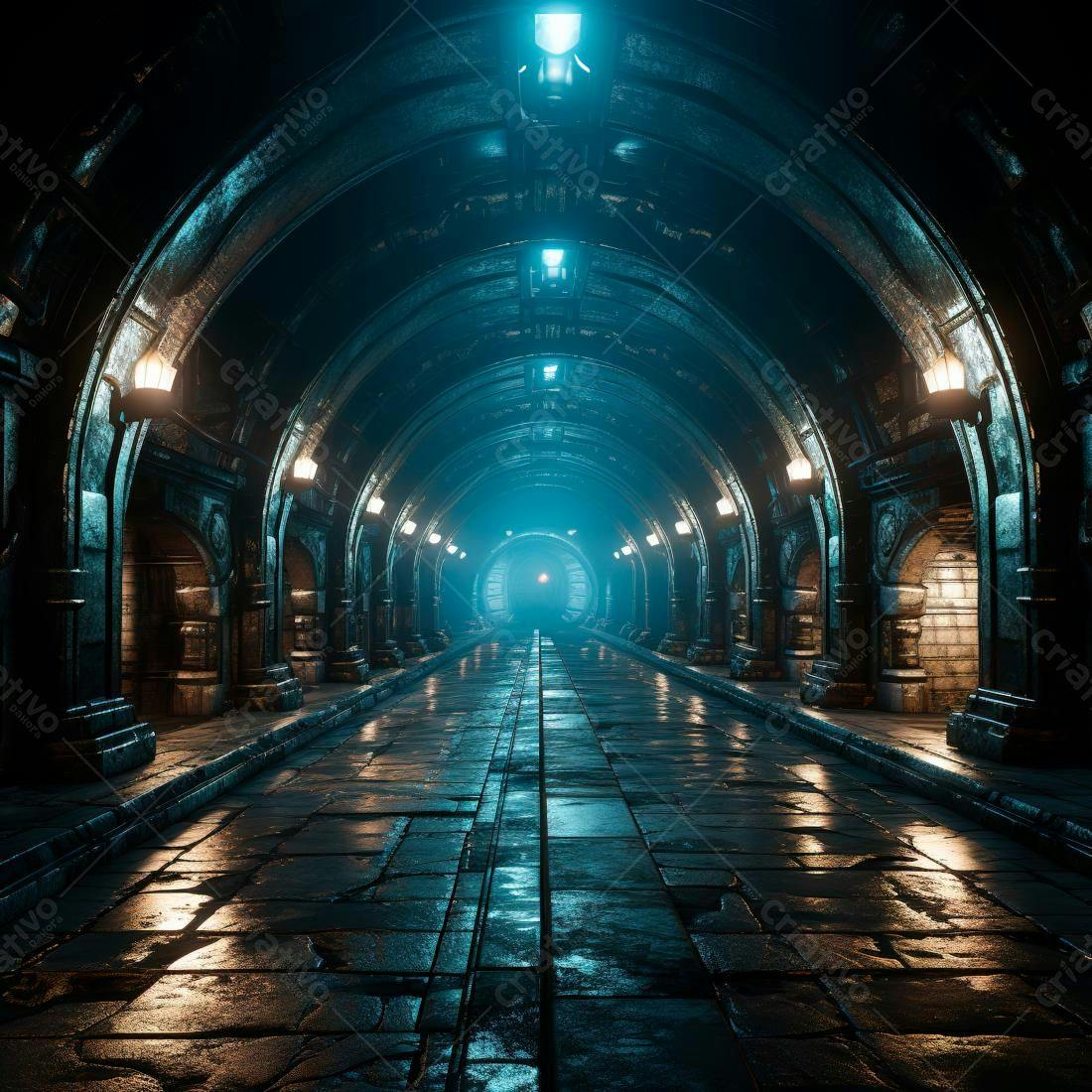 Túnel medieval iluminado à noite