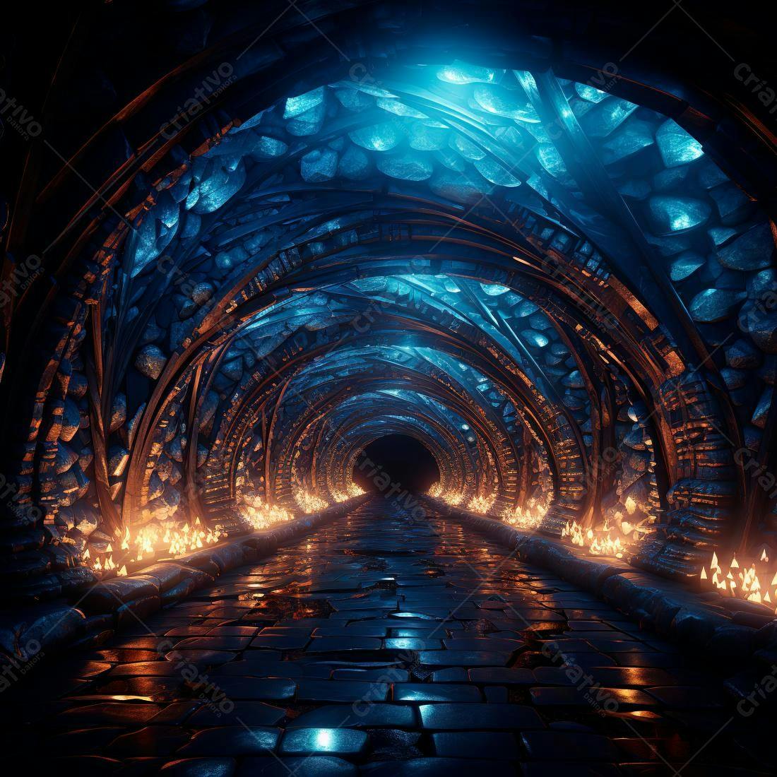 Túnel mágico azul e laranja com chamas