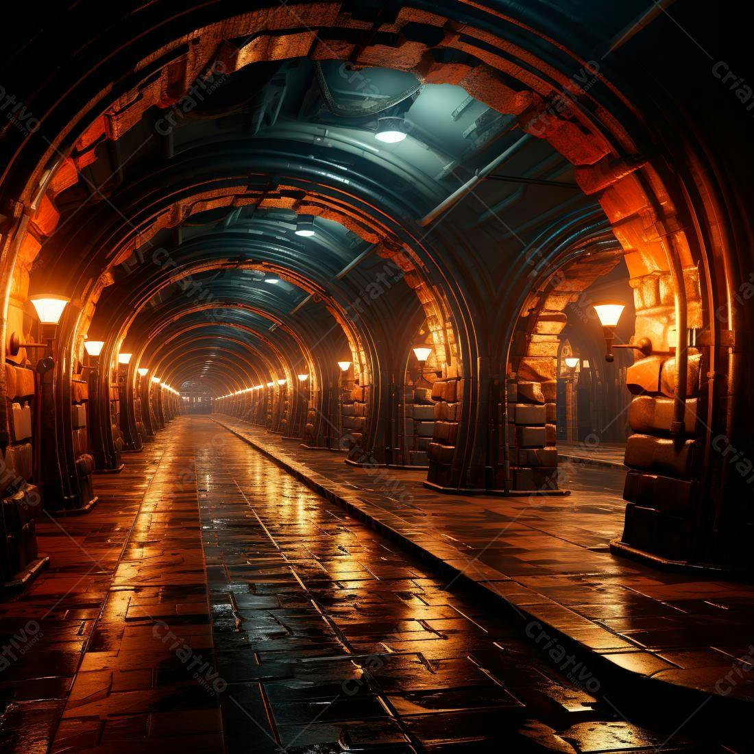 Túnel iluminado com arcos de pedra e metal