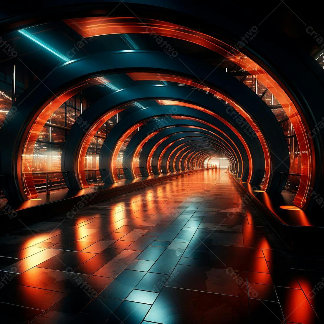 Túnel futurista com iluminação laranja e azul