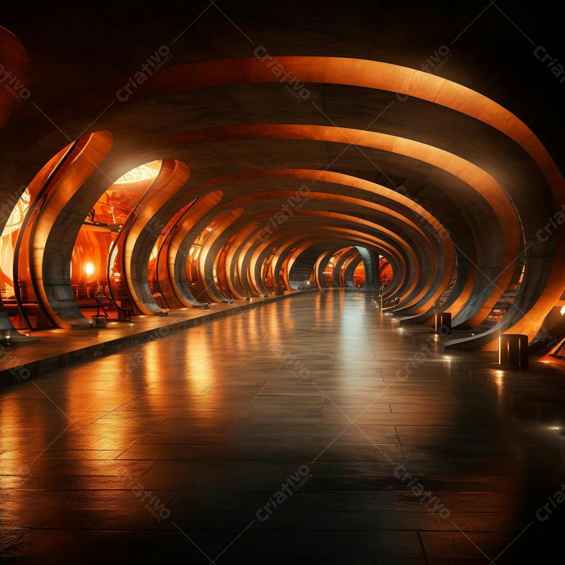 Corredor futurista com iluminação laranja