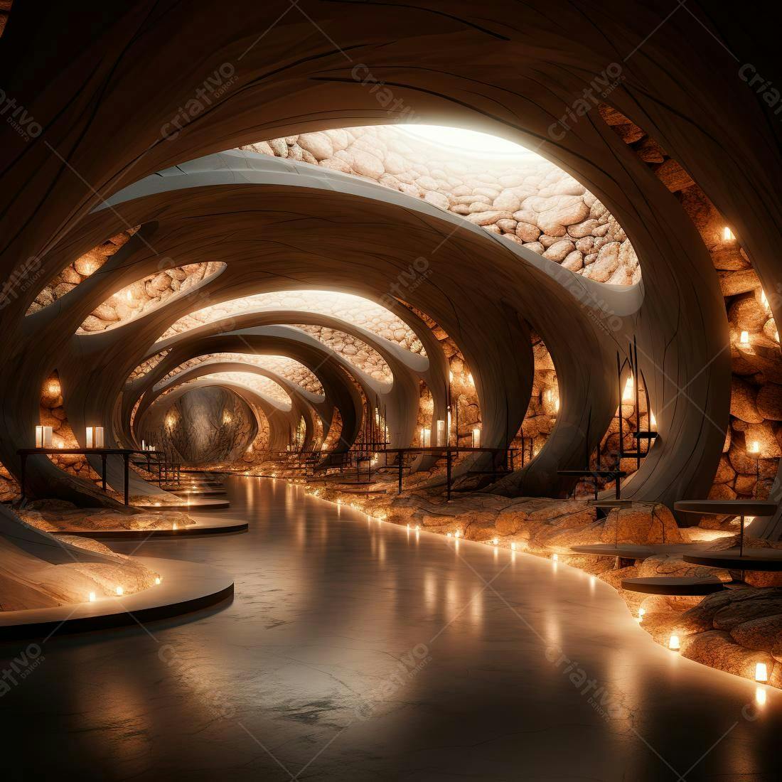 Túnel iluminado com velas e pedras