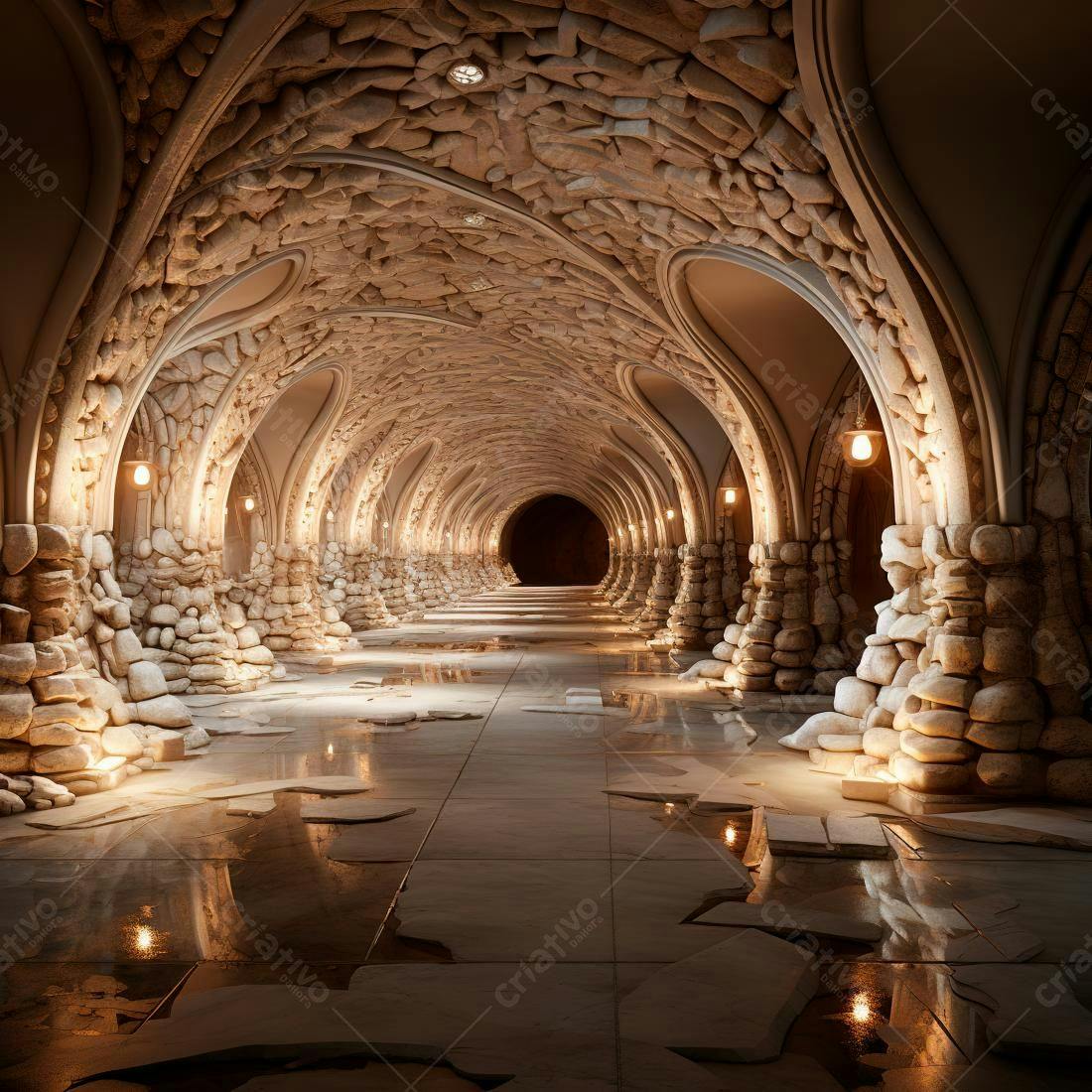 Corredor de pedra iluminado com arcos