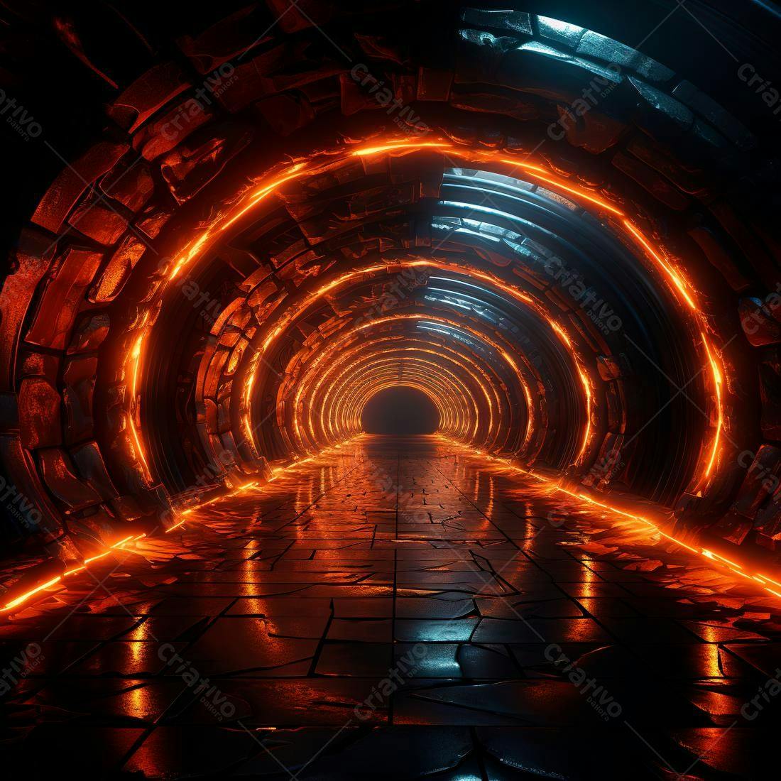 Túnel futurista com luzes laranja e azul