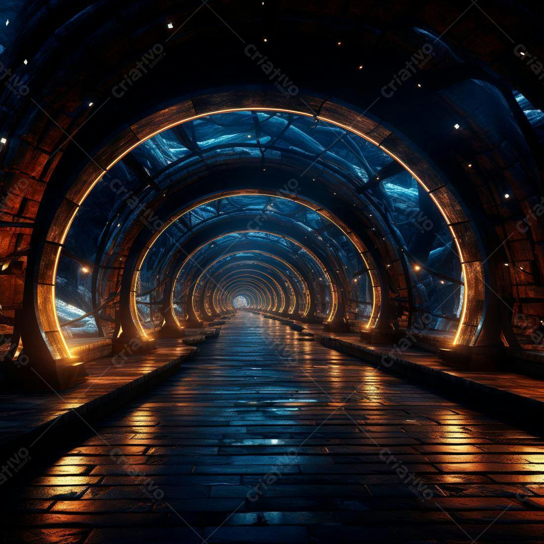 Túnel futurista com iluminação laranja e azul