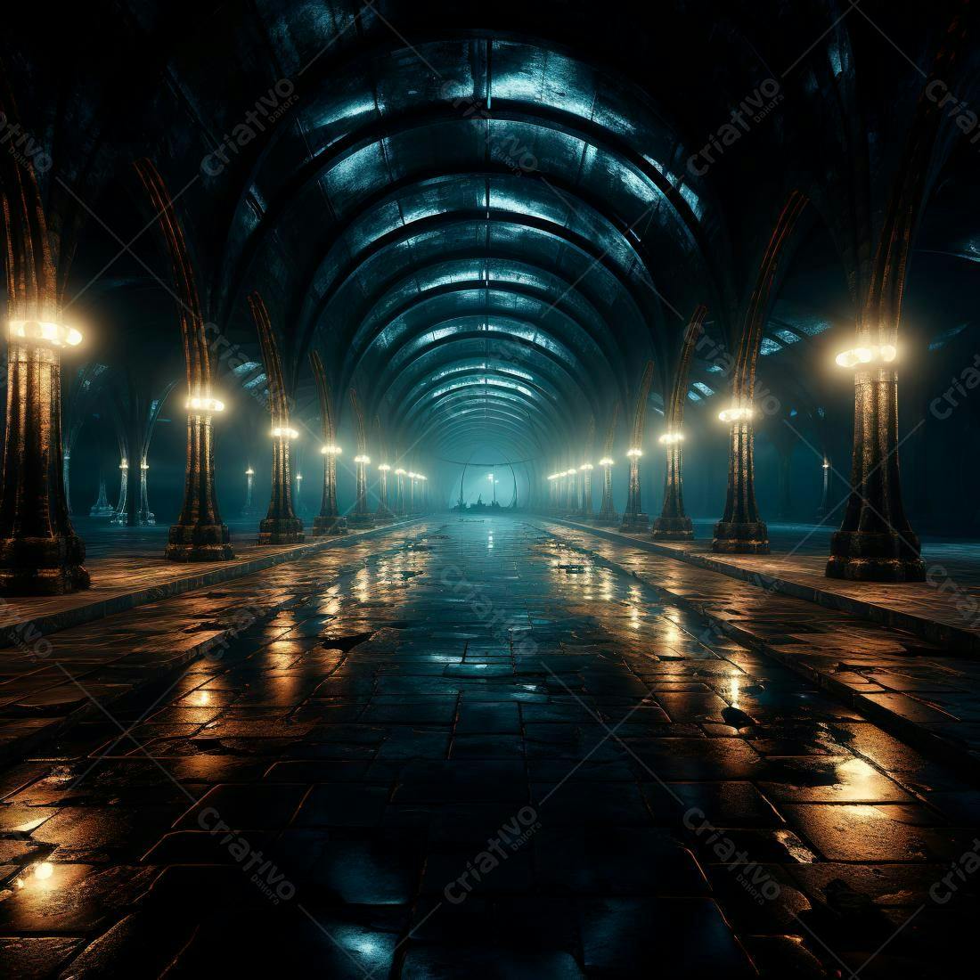 Galeria gótica noturna iluminada