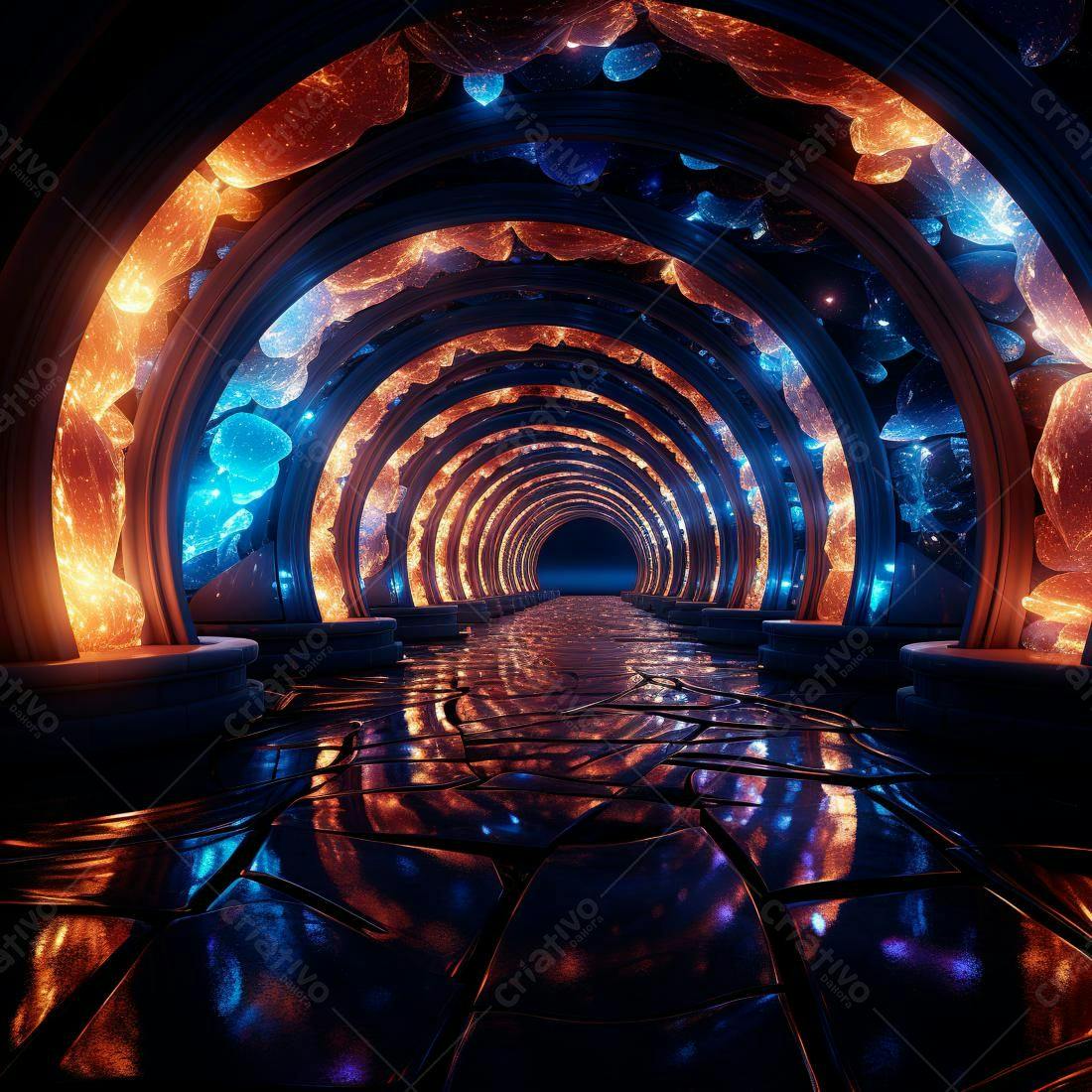 Túnel futurista com luzes laranja e azul