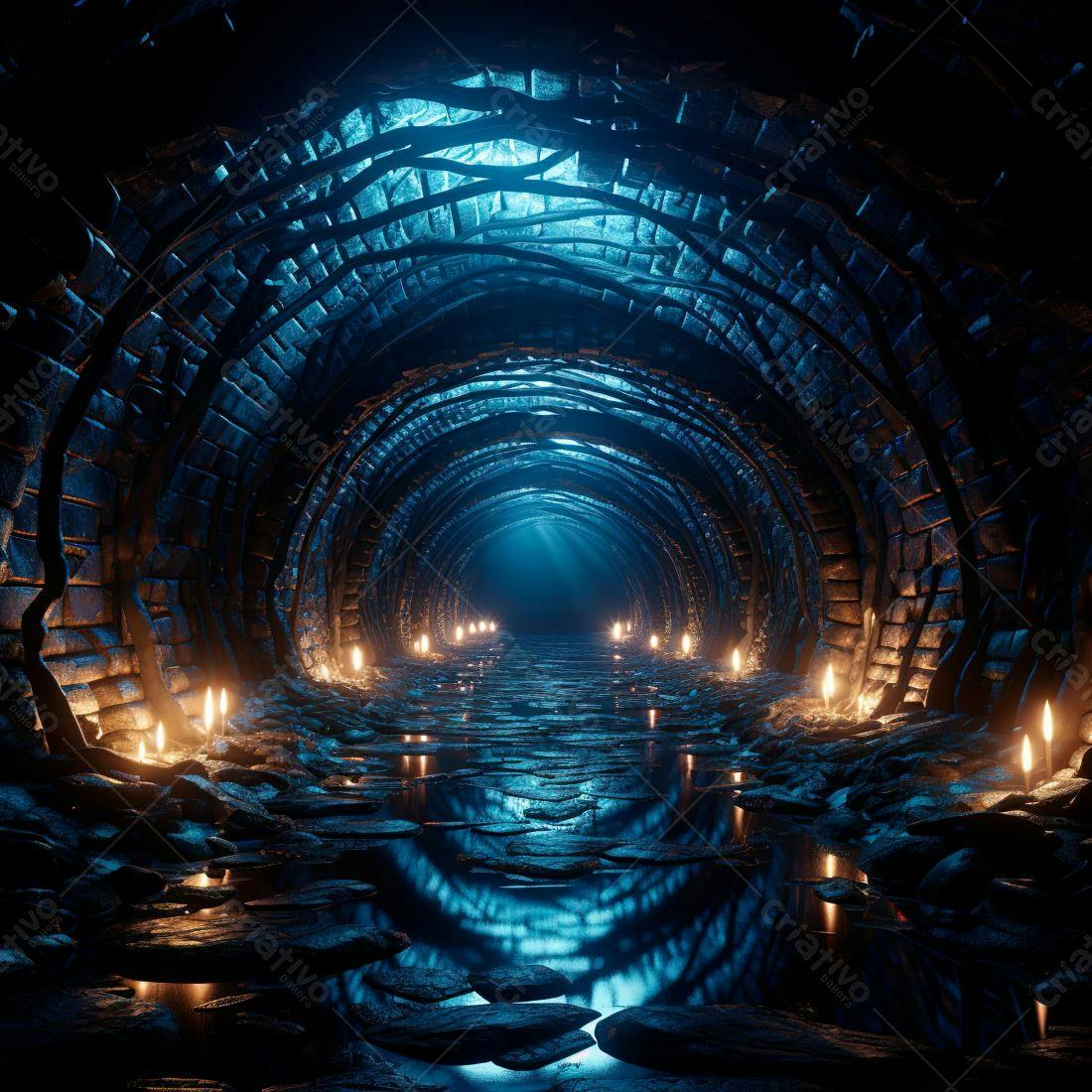 Túnel de Pedra com Velas e Reflexos Azulados