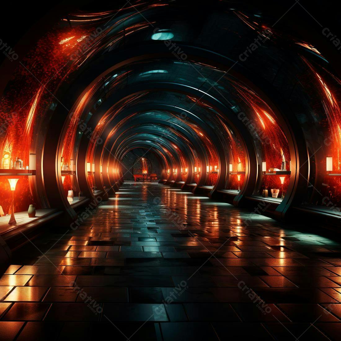 Corredor futurista com iluminação laranja e teal