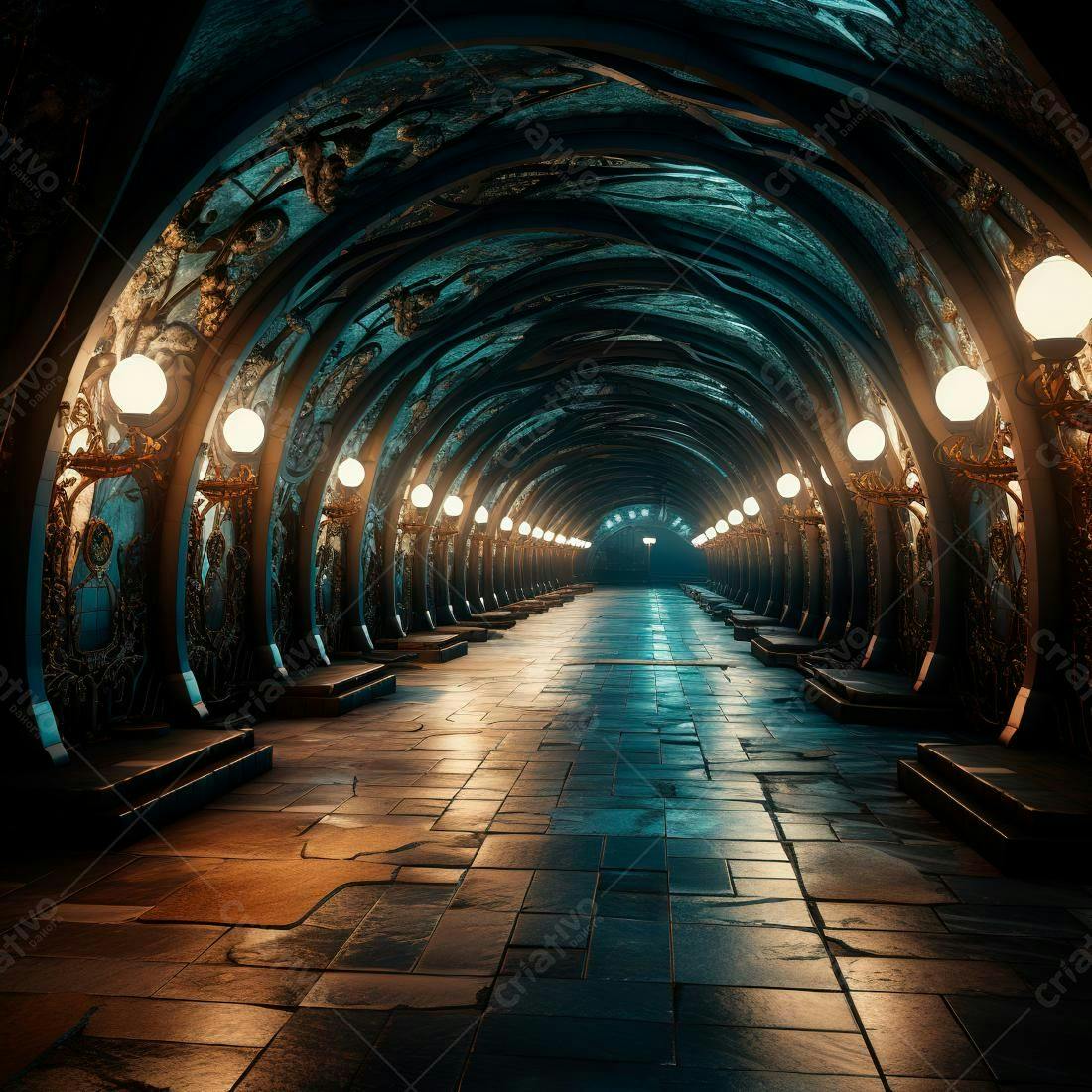 Passagem subterrânea iluminada com arquitetura Art Nouveau
