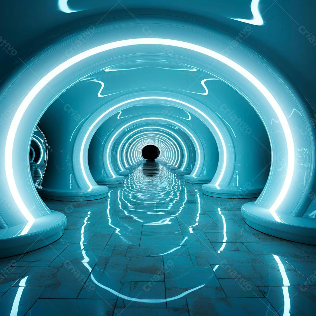 Túnel futurista azul com iluminação neon