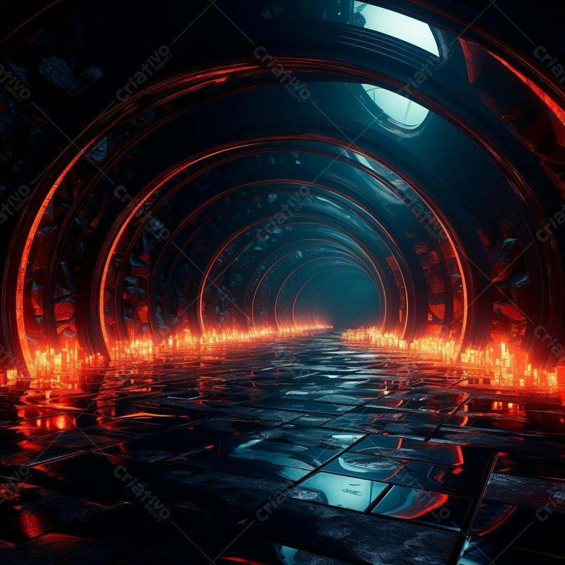 Túnel futurista com iluminação vermelha e azul