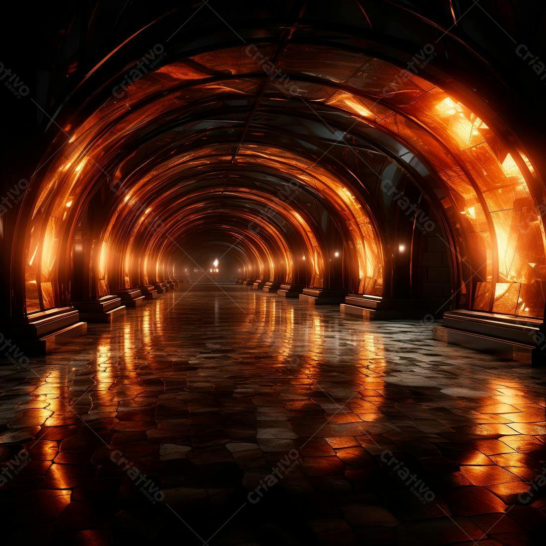 Corredor arqueado com iluminação laranja