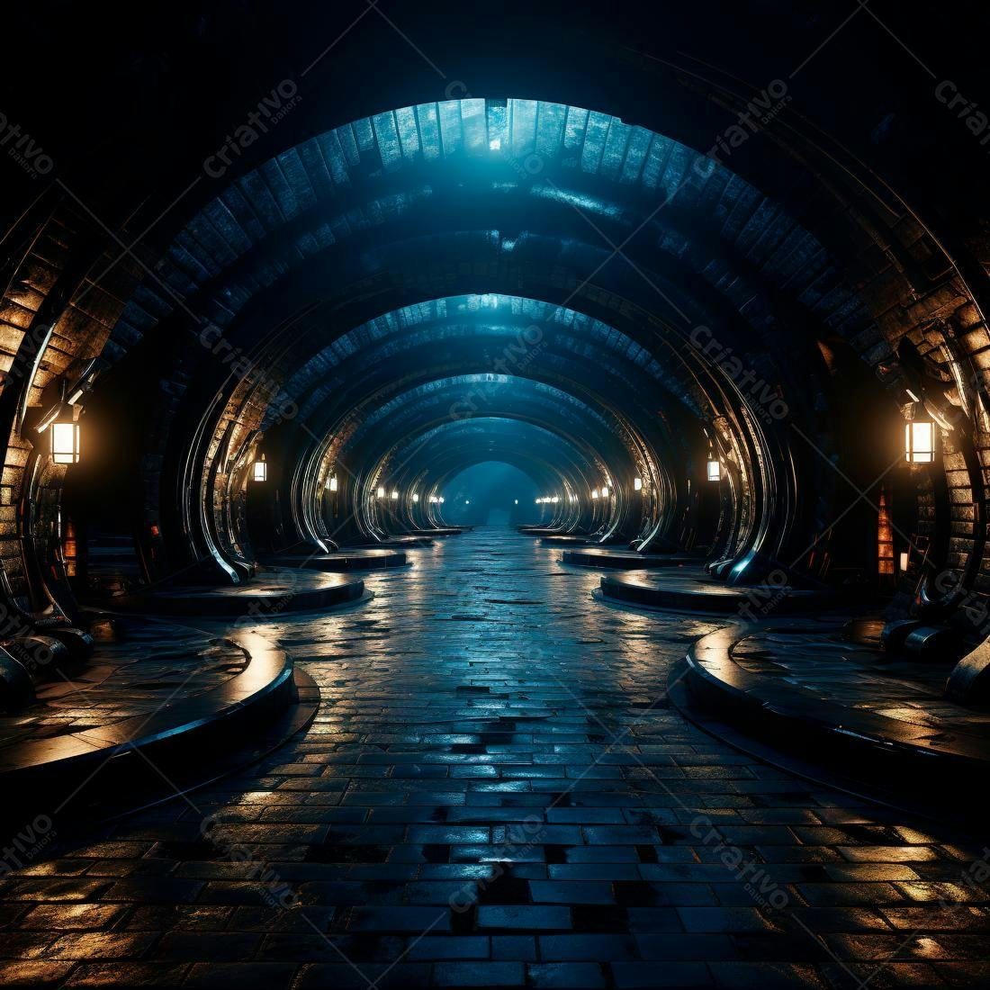 Túnel Gótico com Iluminação Azul e Amarela