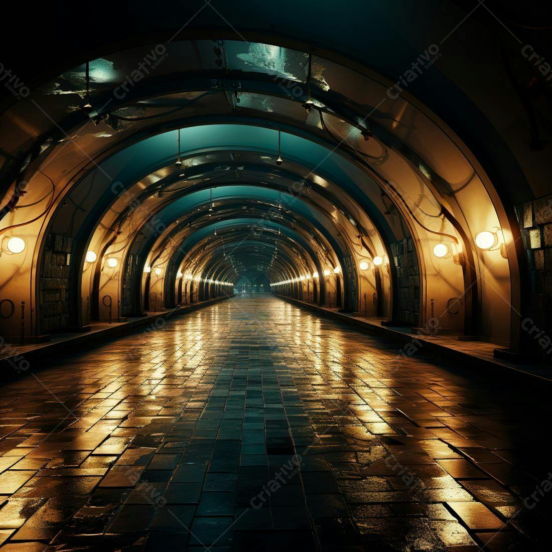 Túnel iluminado com piso molhado