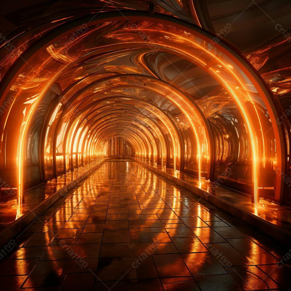 Túnel futurista com iluminação laranja