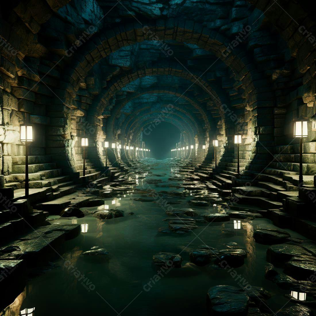 Túnel de pedra antigo com água escura