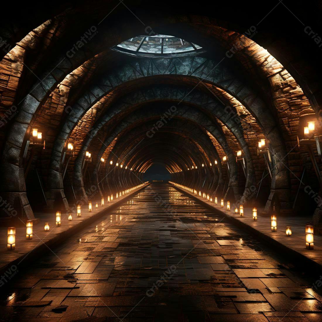 Túnel medieval iluminado por velas