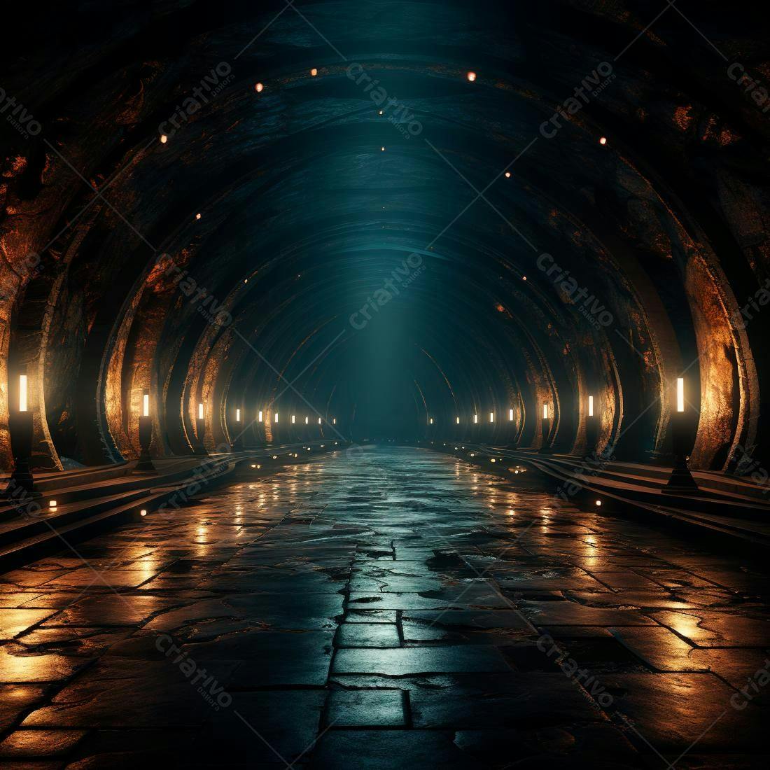 Túnel misterioso com iluminação dourada e azul