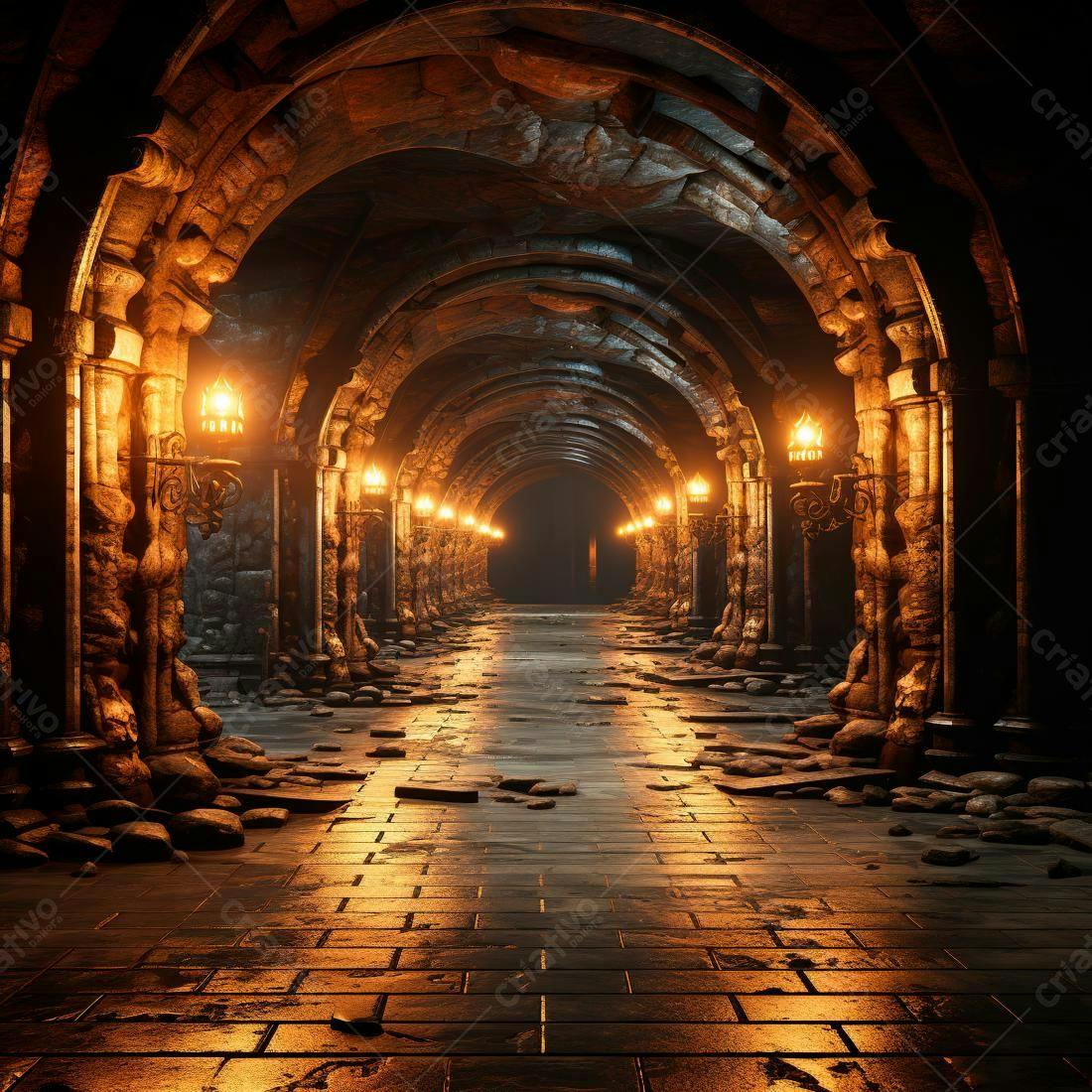 Corredor medieval antigo iluminado por tochas