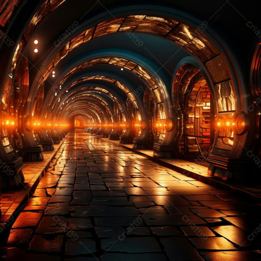 Corredor futurista com iluminação laranja