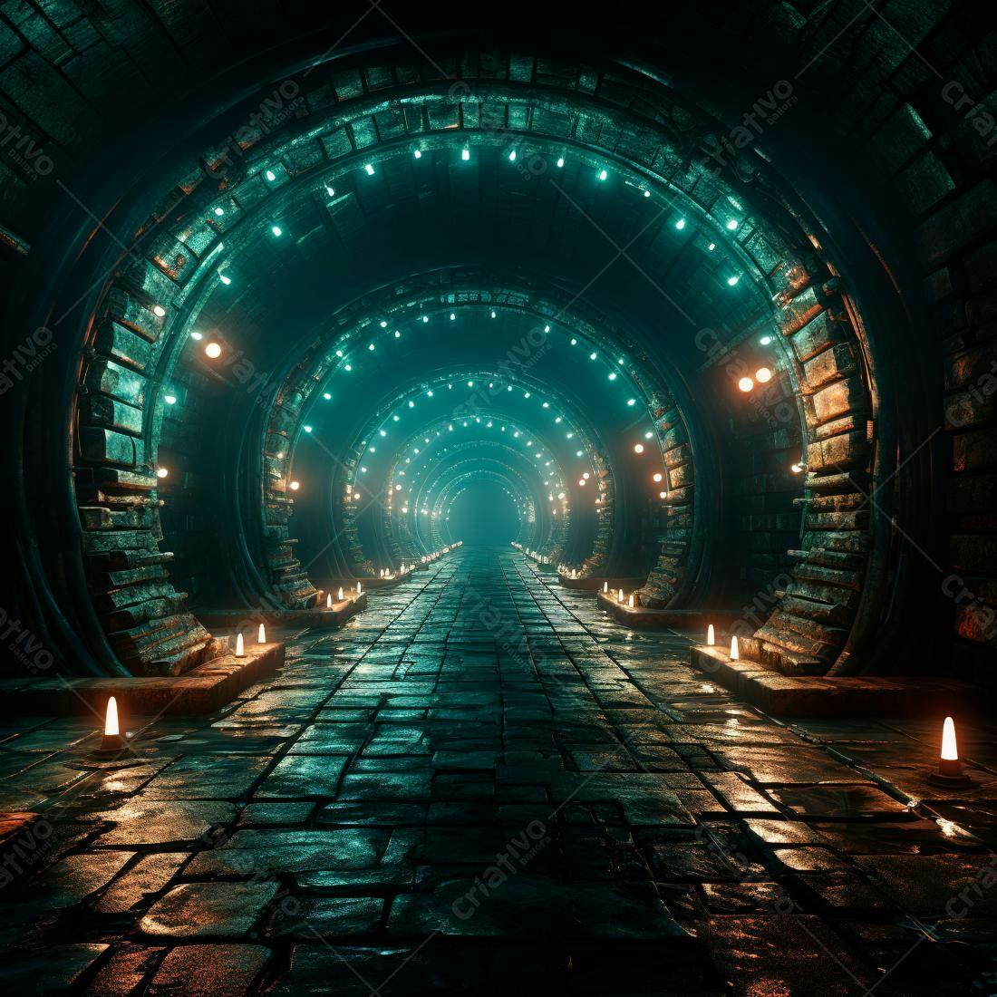 Túnel misterioso com iluminação teal e âmbar