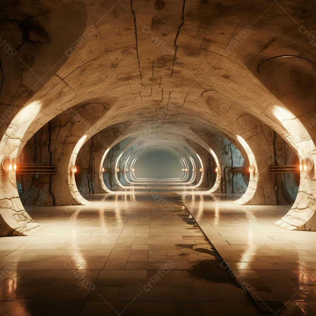 Túnel futurista de concreto com iluminação ambiente