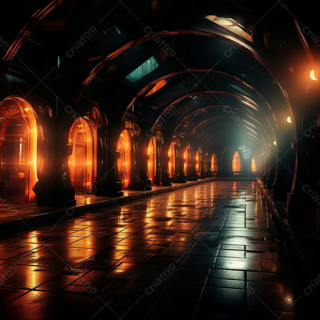 Galeria subterrânea iluminada laranja