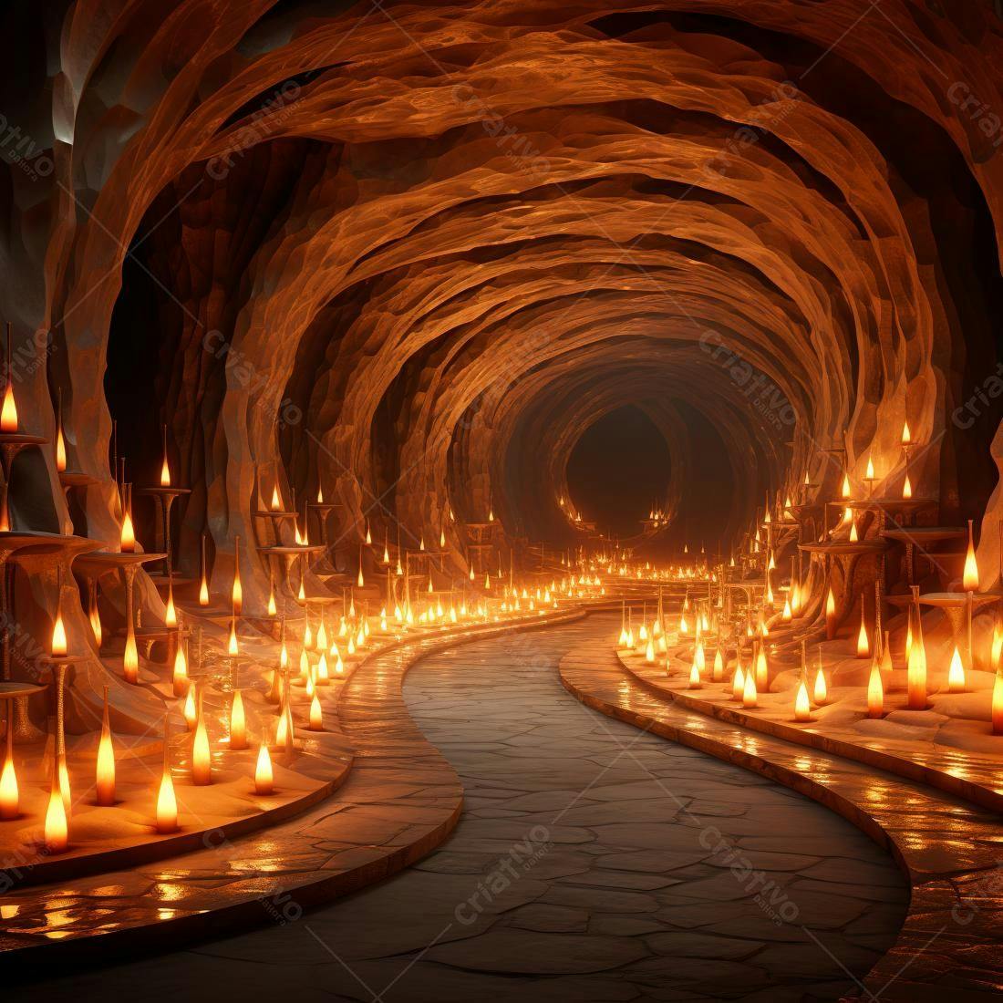 Caminho iluminado por velas em caverna de pedra