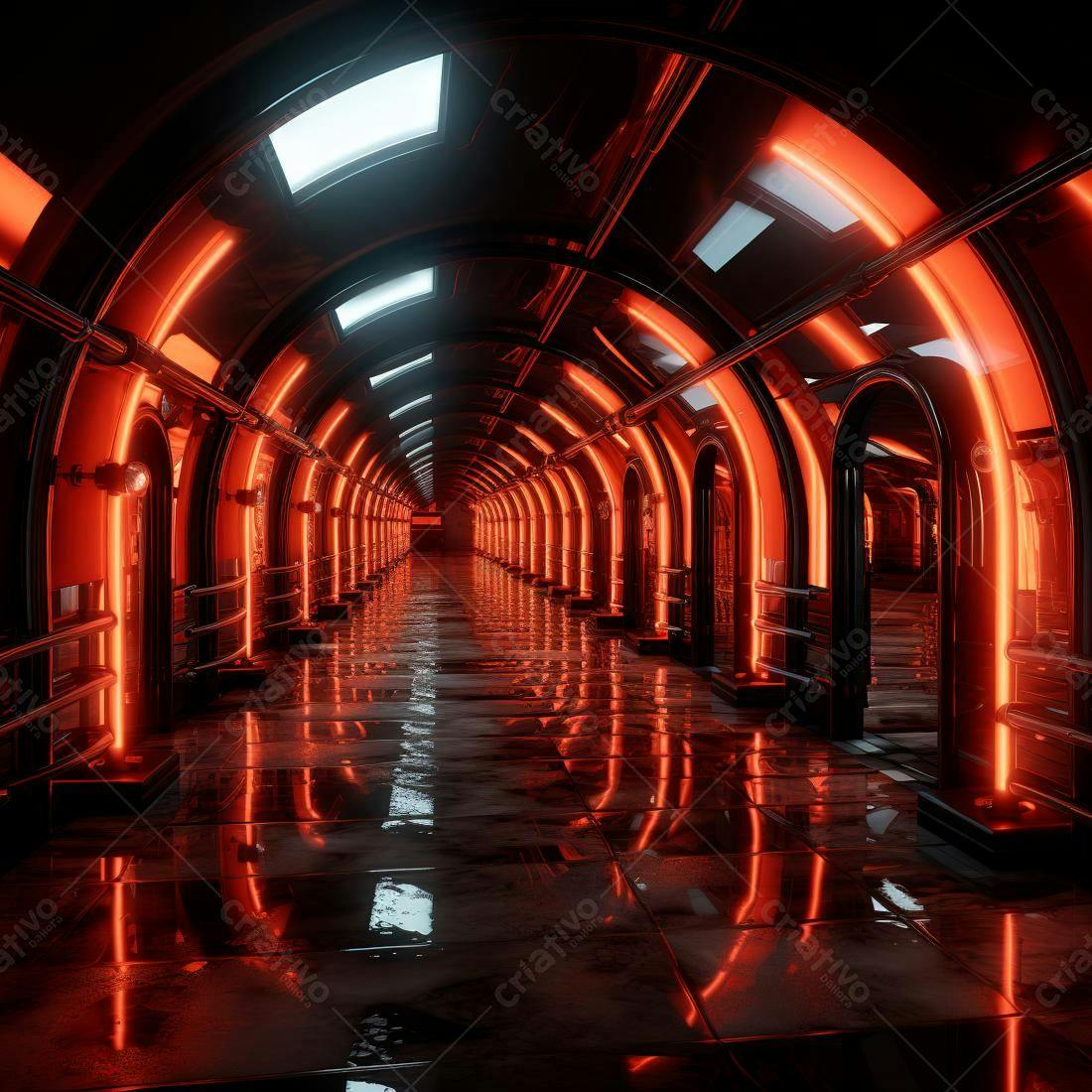 Corredor futurista com iluminação neon vermelha