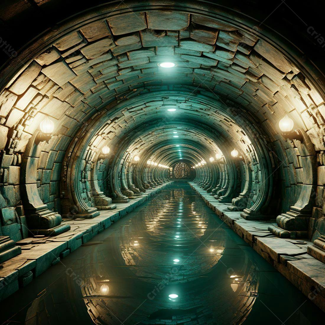 Túnel subterrâneo com água e iluminação antiga