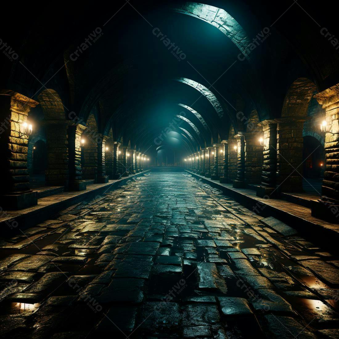 Passagem subterrânea medieval noturna
