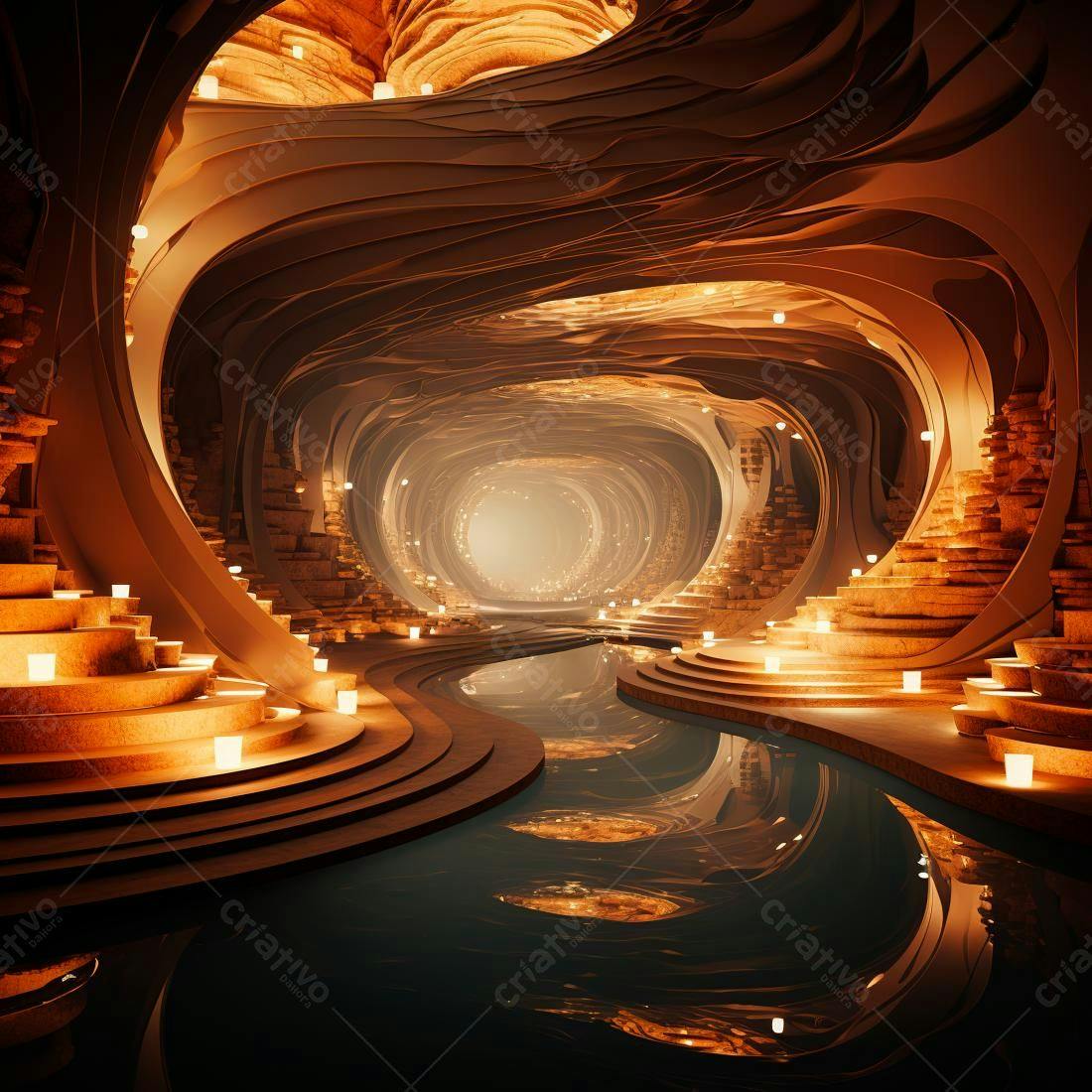 Cenário subterrâneo iluminado por velas