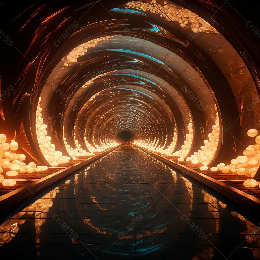 Túnel futurista com luzes douradas e reflexos
