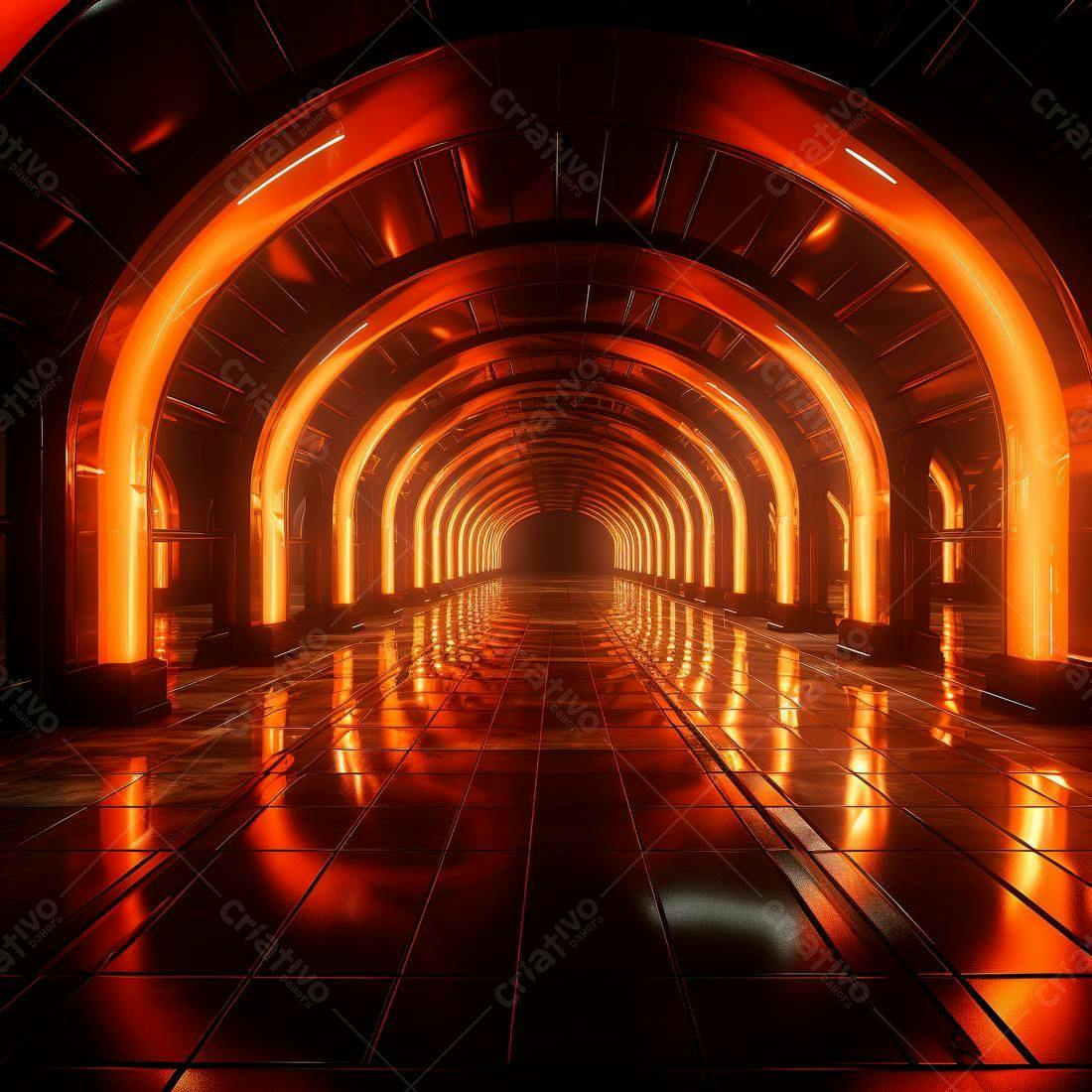 Corredor futurista com arcos iluminados em laranja
