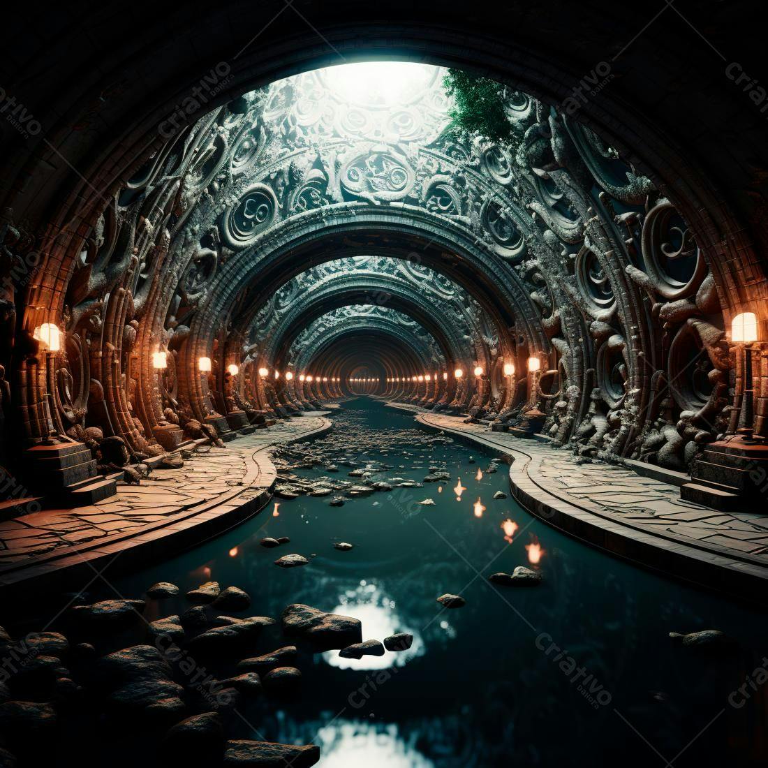Túnel subterrâneo com rio e arquitetura gótica