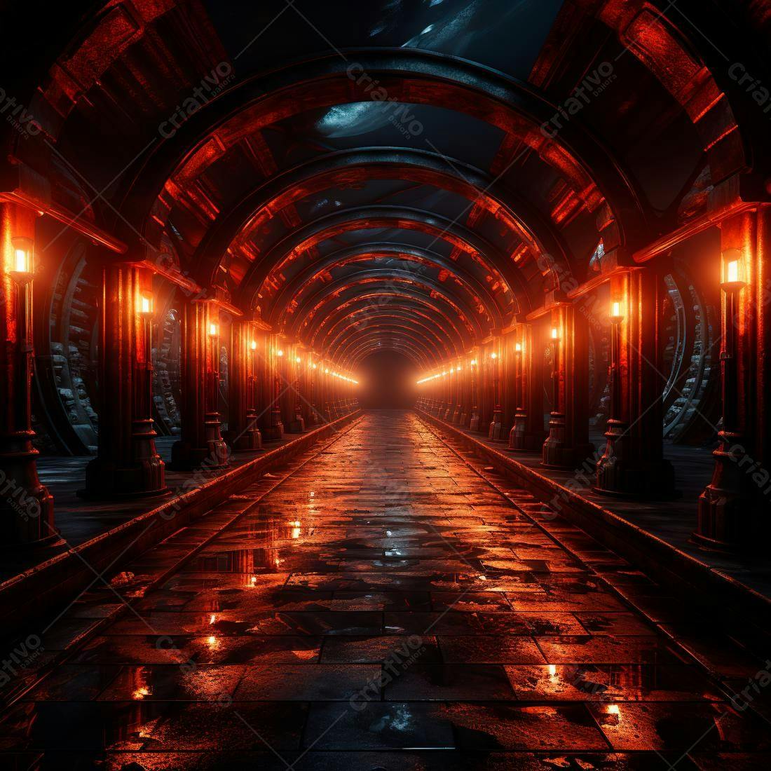 Túnel gótico iluminado com luzes laranja