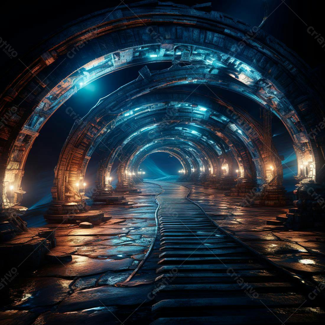 Túnel Gótico com Iluminação Azul e Laranja