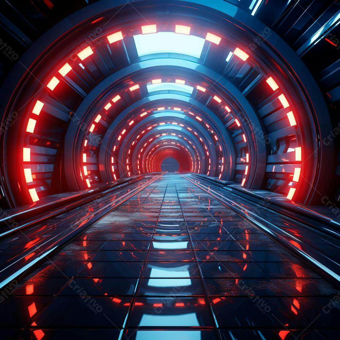 Túnel futurista com luzes vermelhas e azuis