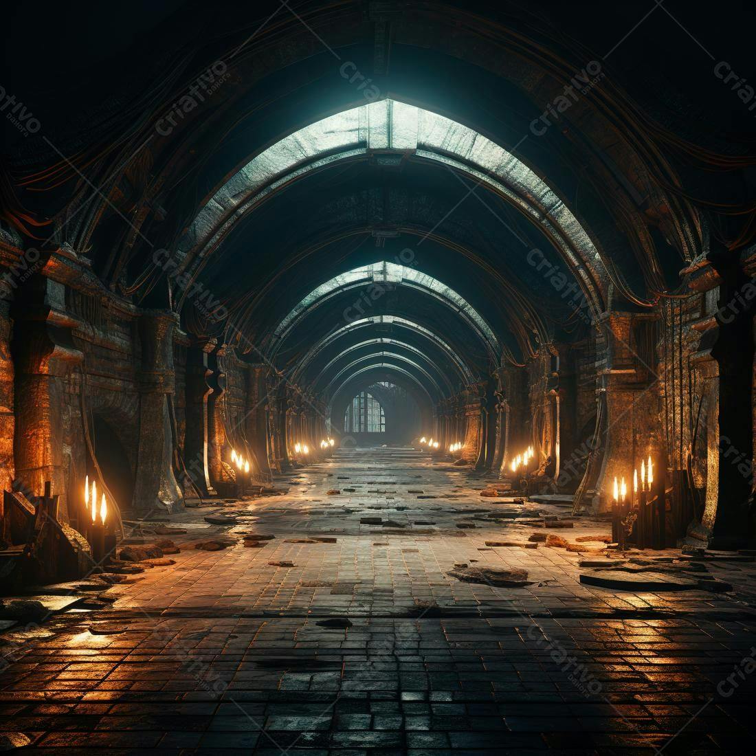 Corredor gótico medieval com velas