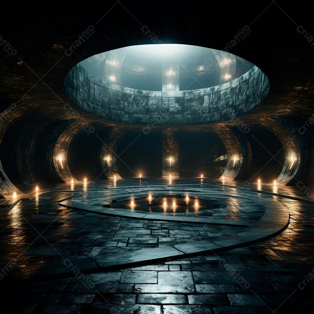 Câmara subterrânea com velas e arquitetura circular