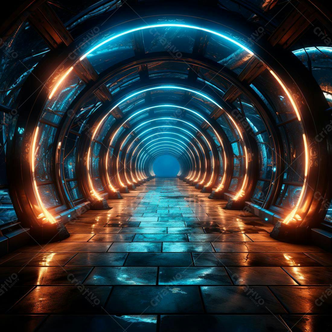 Túnel futurista com luzes azuis e laranjas