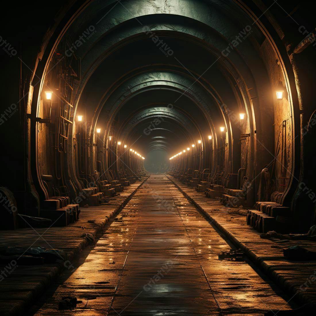 Túnel subterrâneo iluminado com luzes amarelas